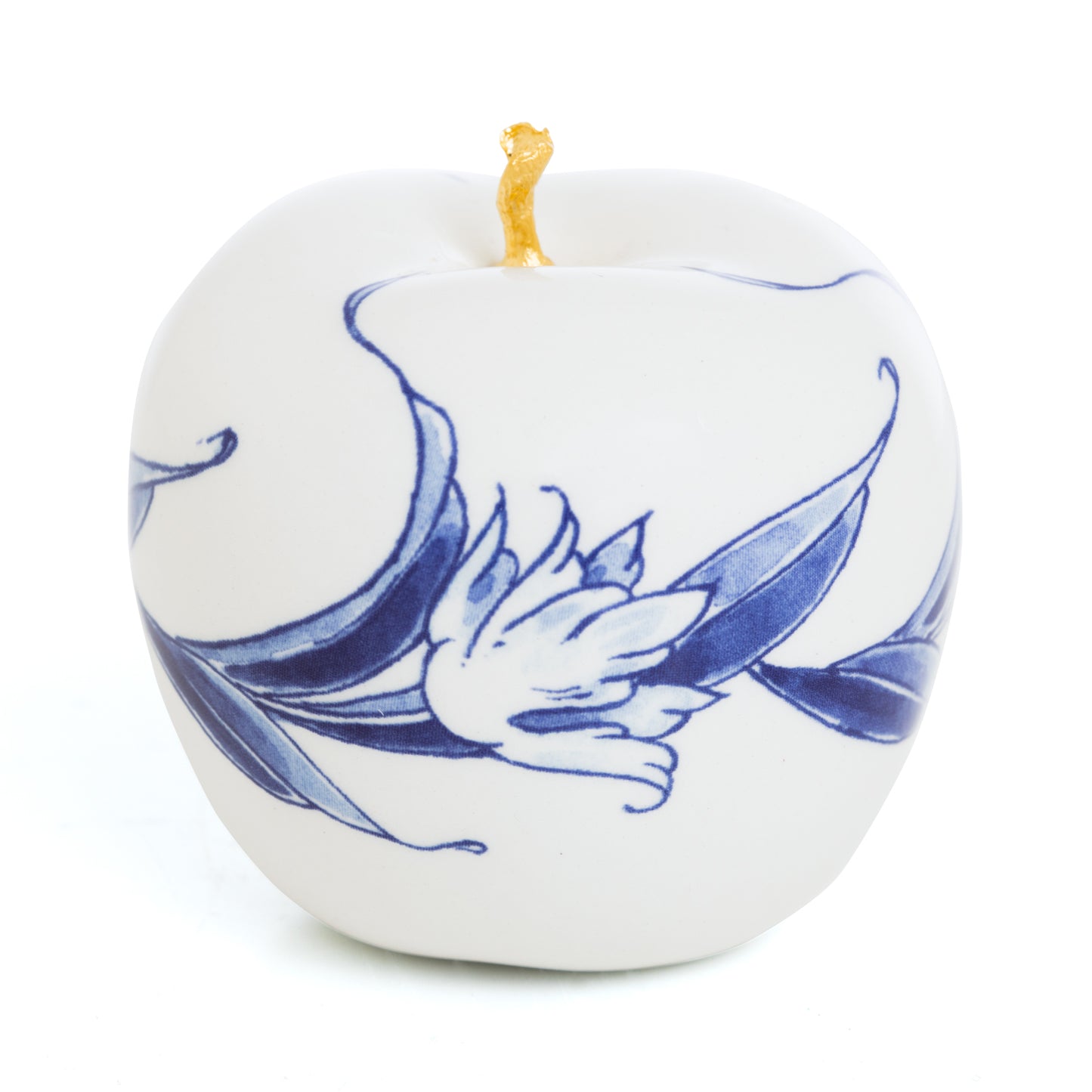 Petite pièce en céramique blanche, motif floral bleu et pointe dorée en relief