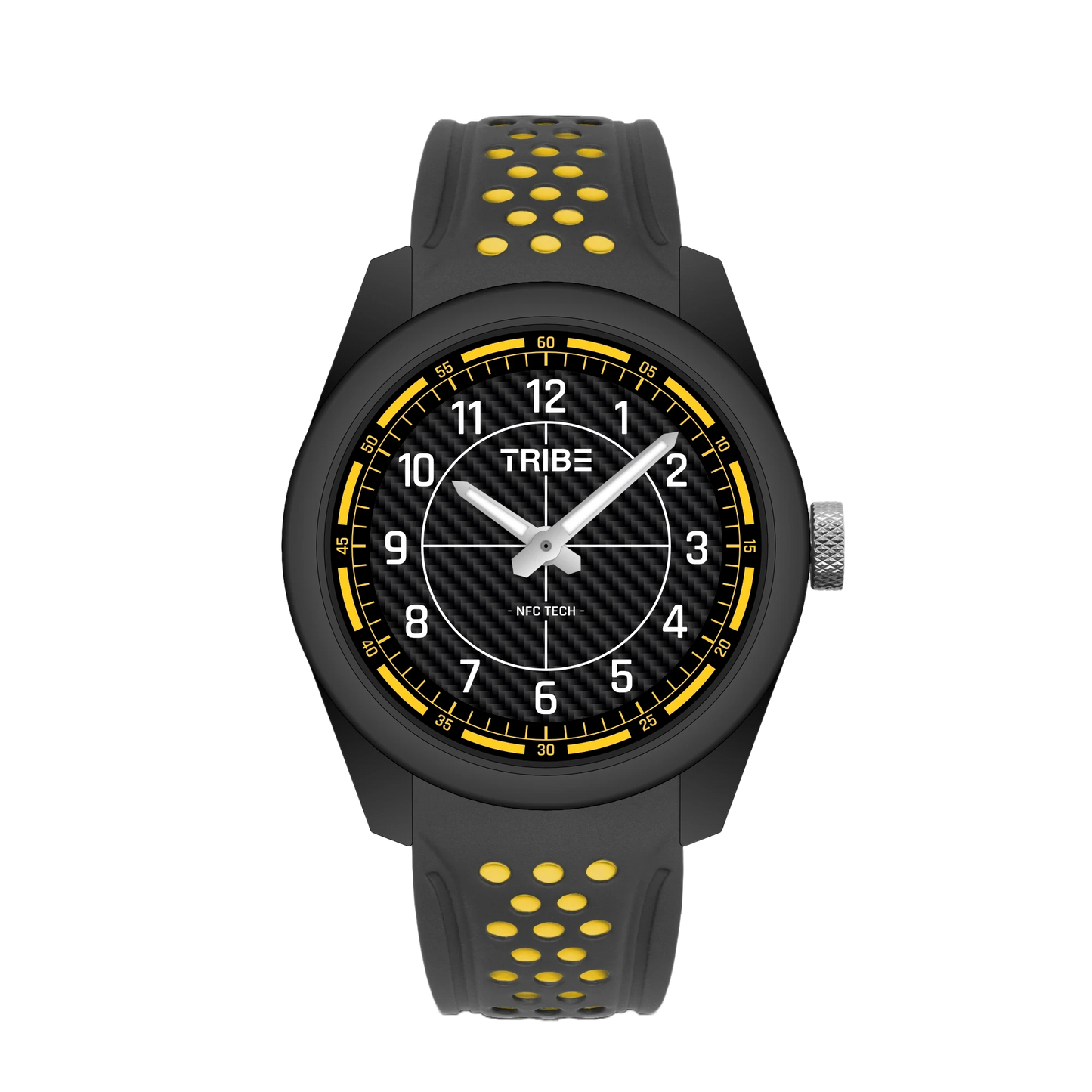 Montre bicolore noire et jaune, cadran rond TRIBE, bracelet silicone perforé.