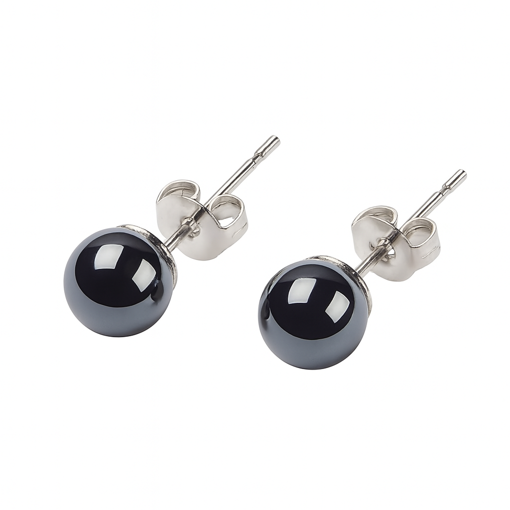 Boucles d’oreilles billes rondes noir lustré, tiges et attaches argentées