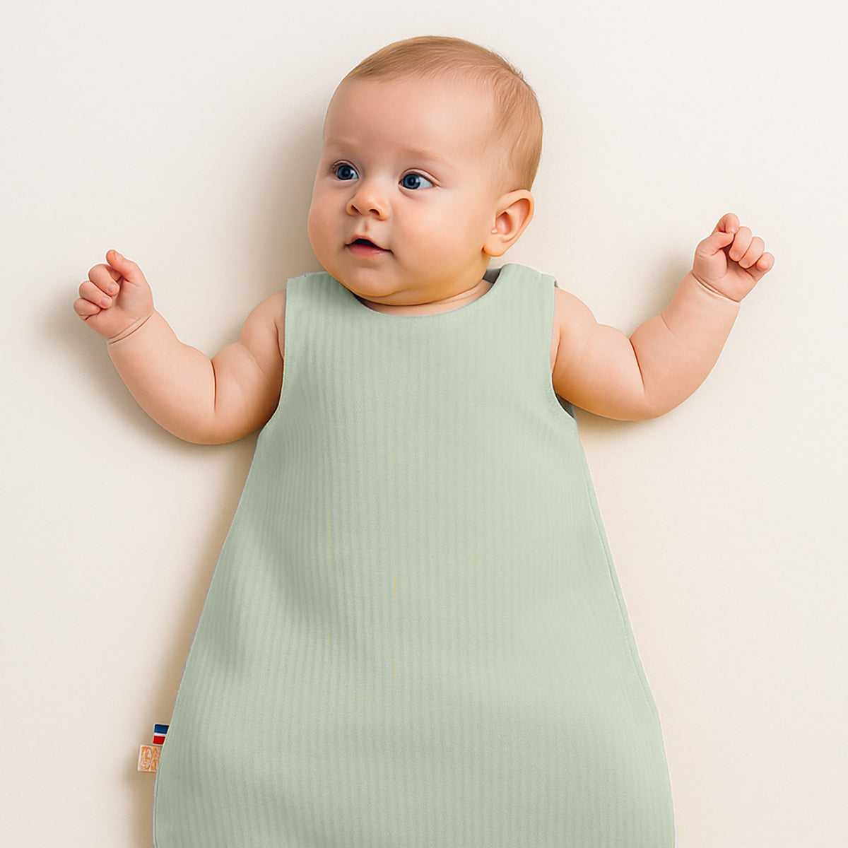Gigoteuse été verte pour bébé, sans manches, en mousseline avec boutons d’épaule