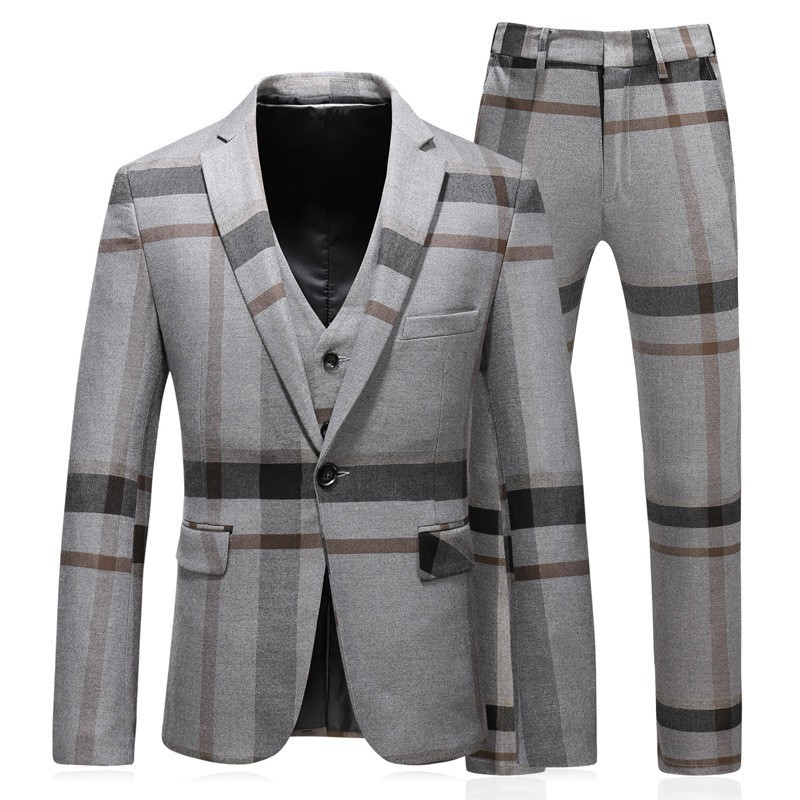 Veste de costume homme slim à carreaux gris et marron, col châle, boutonnage simple