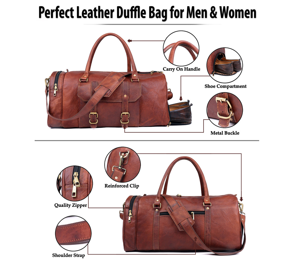 Sac de voyage en cuir marron, compartiment chaussures, boucles métalliques et zip