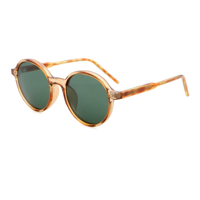 Lunettes de soleil rondes en acétate transparent, verres verts teintés, monture ambrée