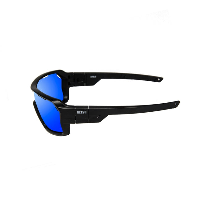 Lunettes unisexe monture noire TR90, verres bleus miroir, vue trois-quarts.