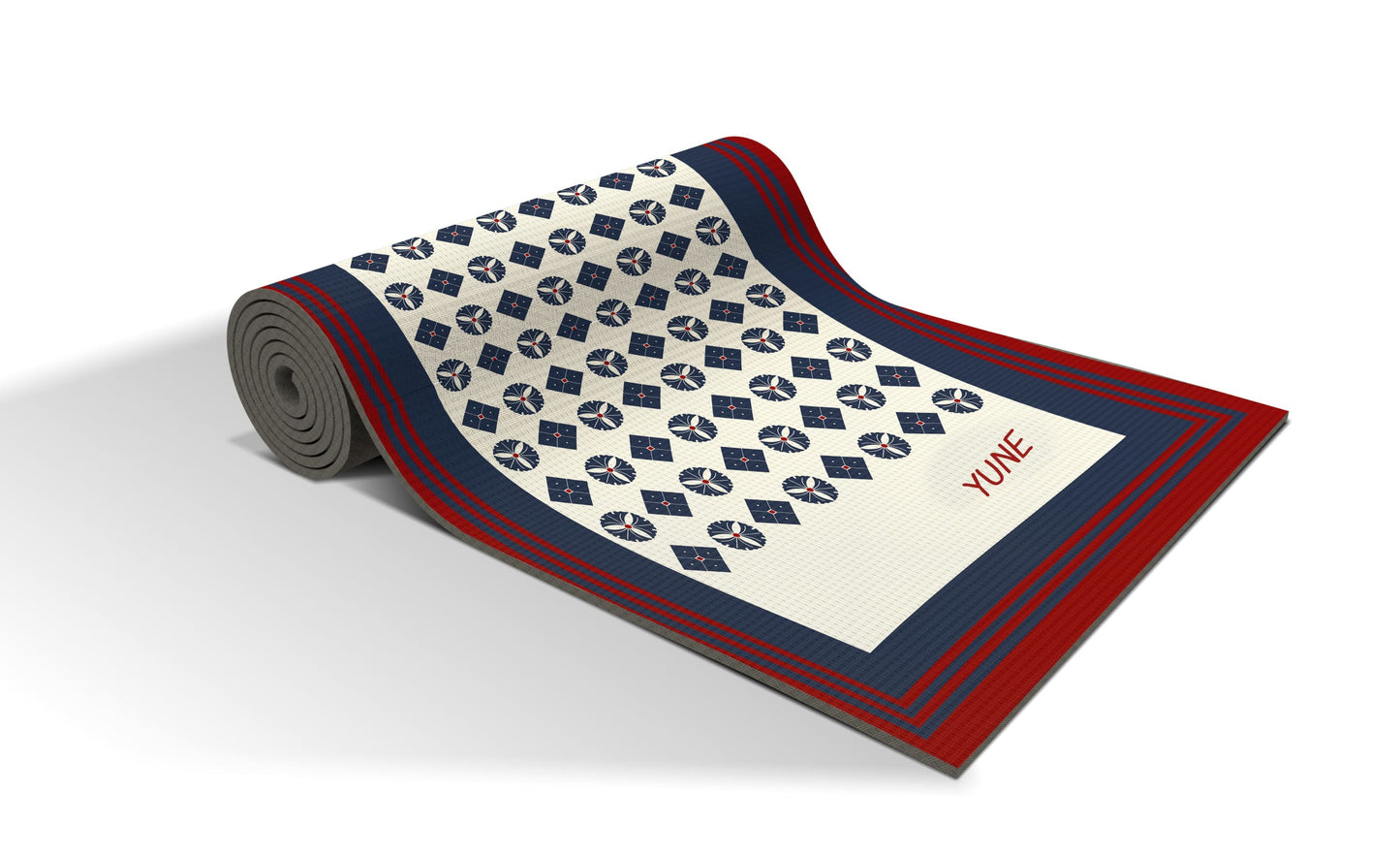 Tapis de yoga Yune Yoga blanc, motif losanges bleu, rouleau bord rouge