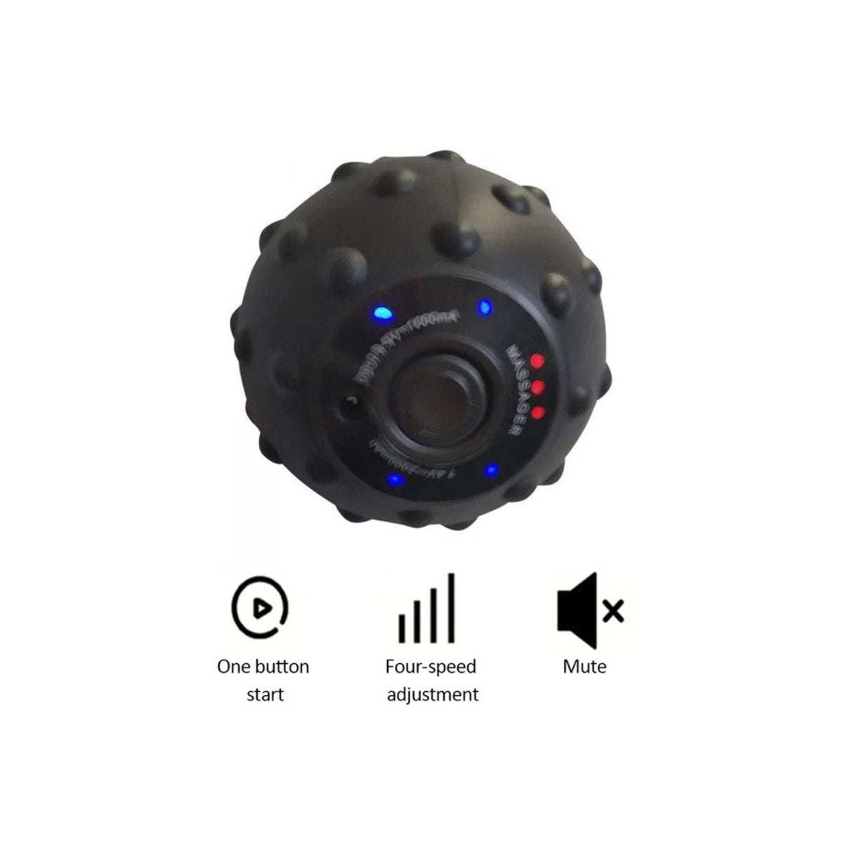 Balle de massage vibrante Rejuv noire à picots, vue du panneau avec LED de vitesse