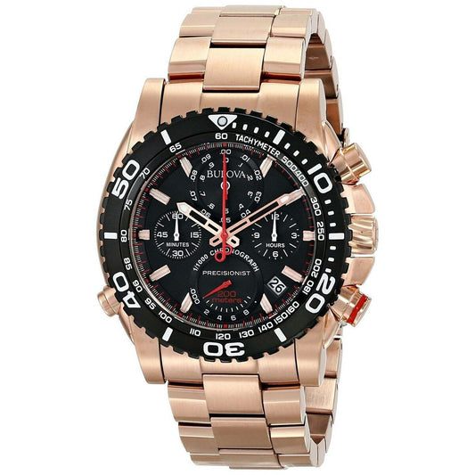 Montre homme Bulova, cadran noir et lunette tachymètre, bracelet acier doré