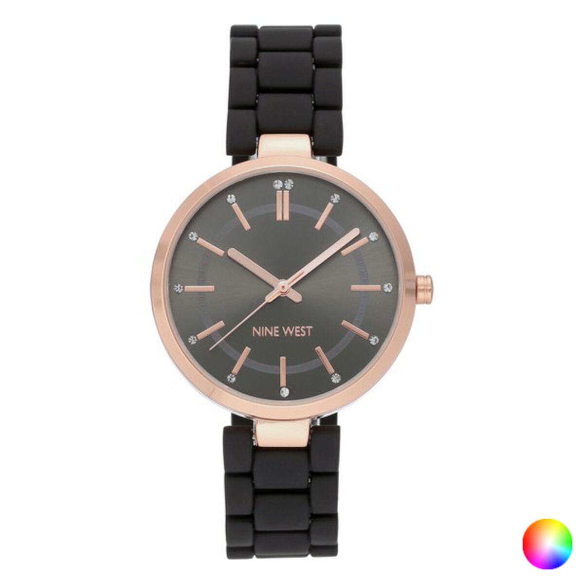 Montre ronde Nine West cadran bleu nuit, bracelet maillons noir, boîtier rosé