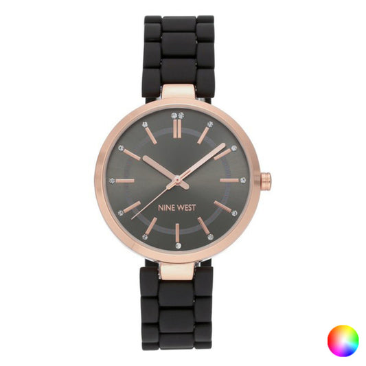 Montre Nine West cadran bleu nuit, bracelet maillons noir et boîtier doré rosé