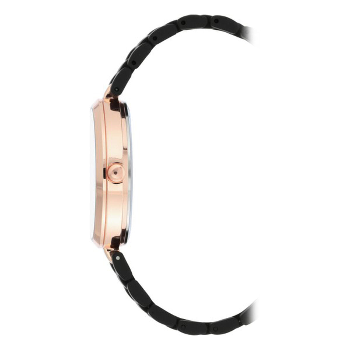 Montre-bracelet Nine West vue de profil : boîtier rosé, bracelet noir à maillons