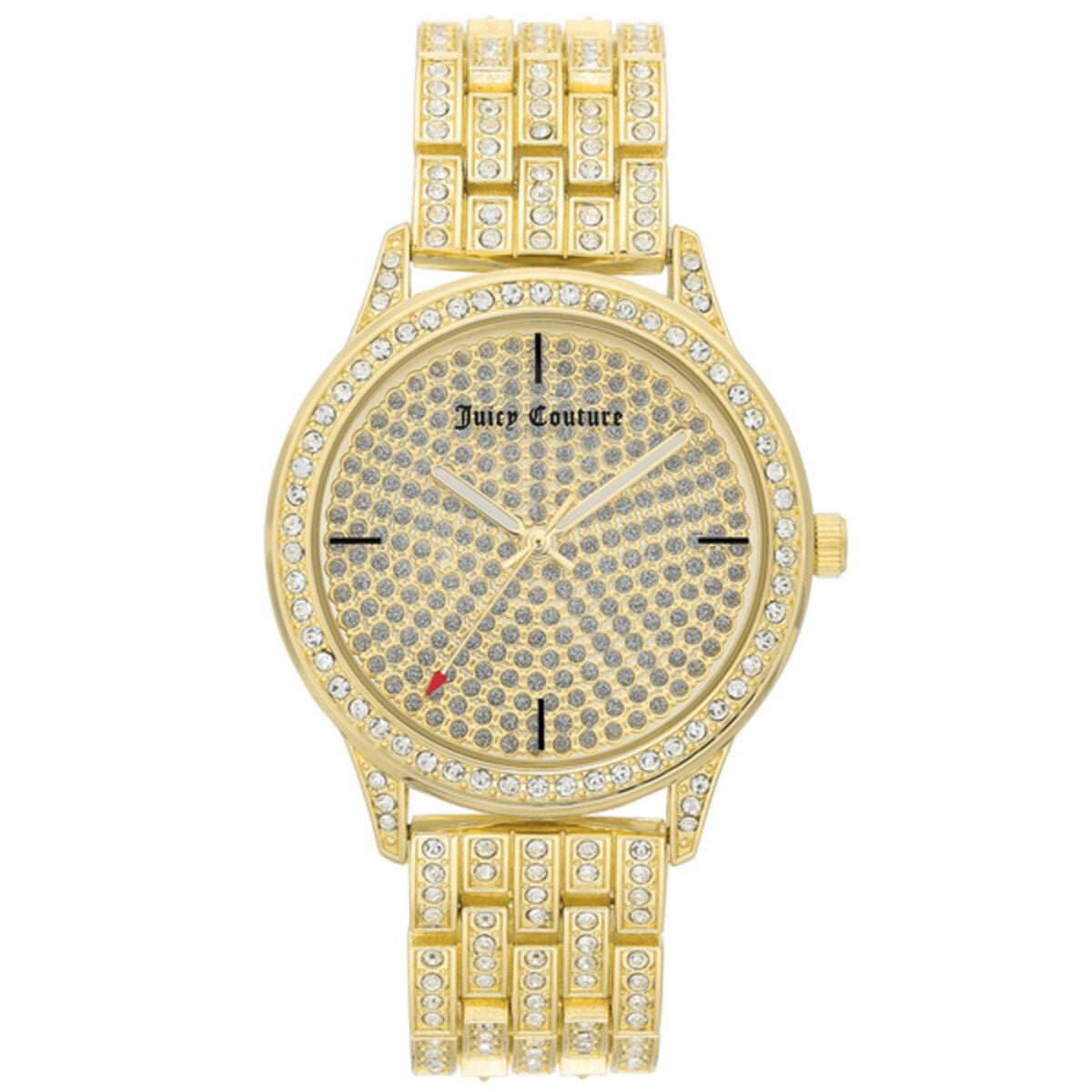 Montre Juicy Couture dorée à cadran à strass et bracelet à maillons sertis.