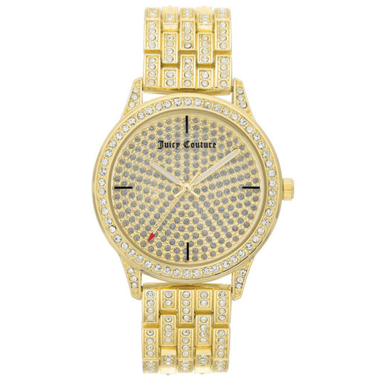 Montre Juicy Couture dorée à cadran à strass et bracelet à maillons sertis.