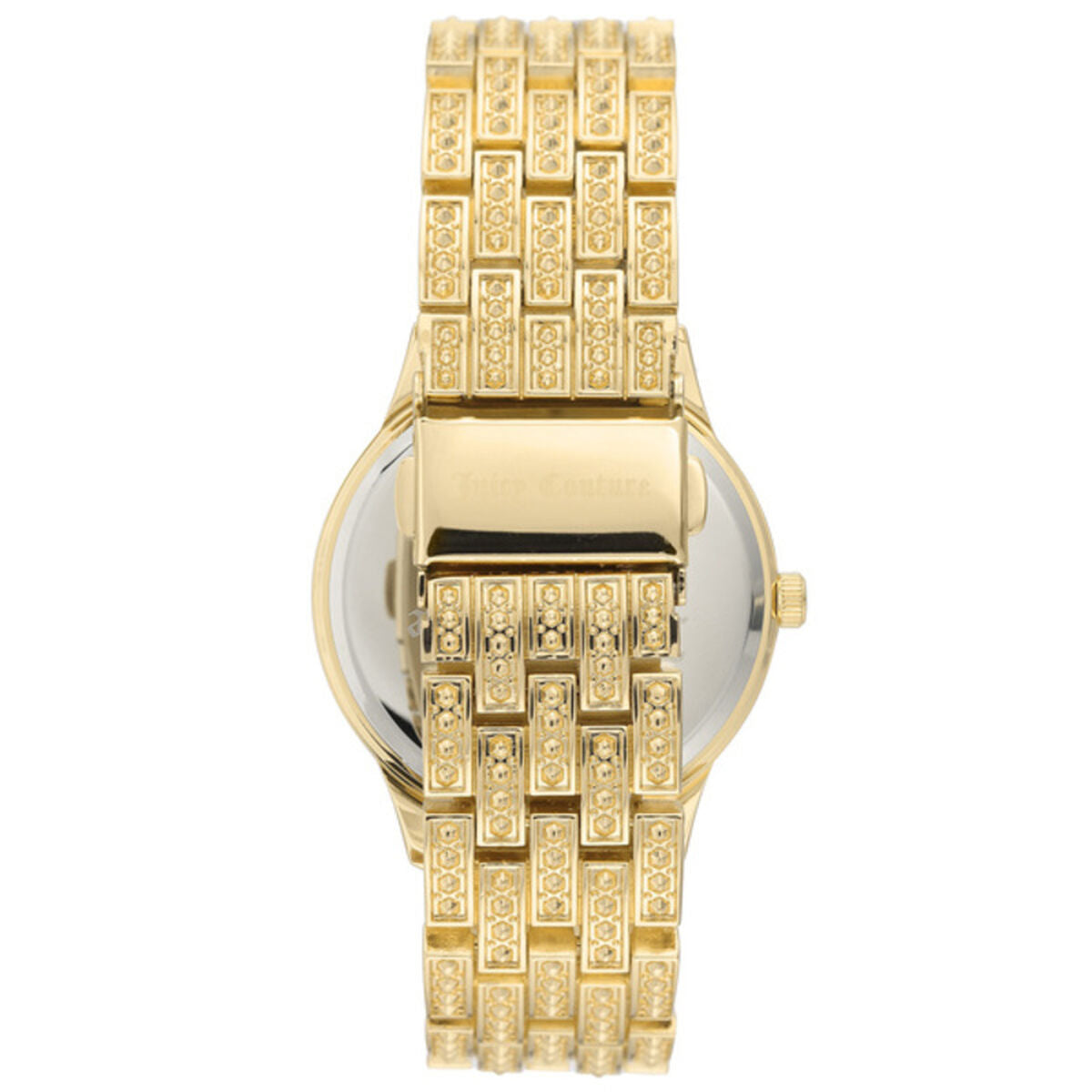 Montre Juicy Couture bracelet maillons dorés, boîtier rectangulaire miroir, couronne latérale.