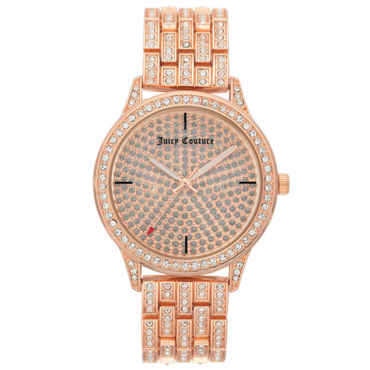Montre Juicy Couture bracelet rose doré à motif, cadran bleu strass et entourage serti.