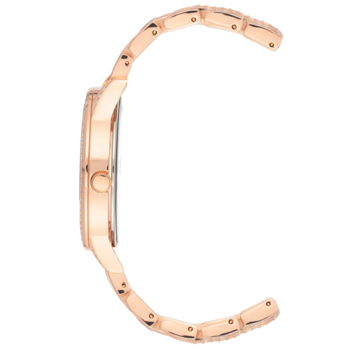 Montre Juicy Couture bracelet maillons rose doré, boîtier rond sur le côté.