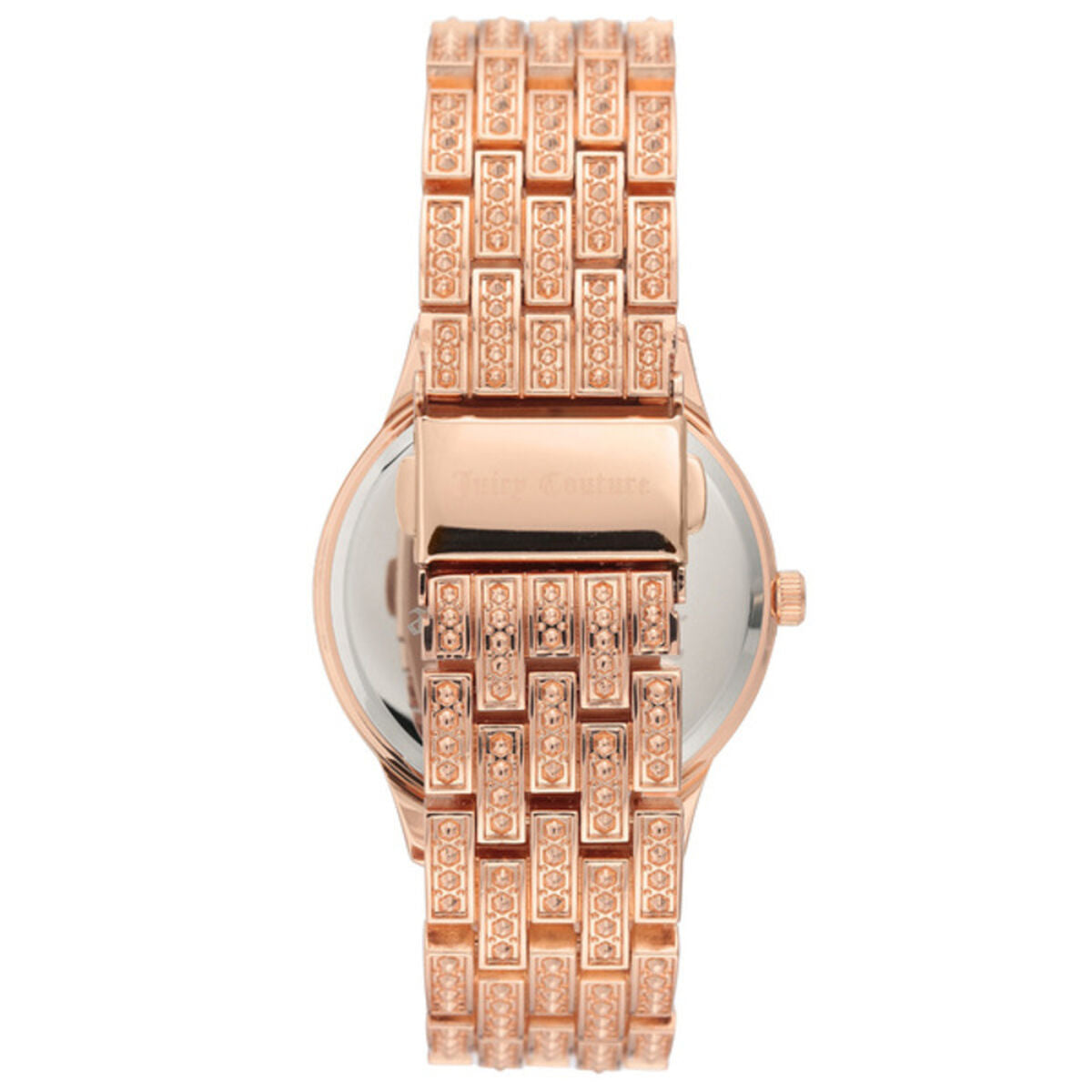 Montre Juicy Couture rose doré, cadran clair à strass et bracelet à motifs rectangulaires.