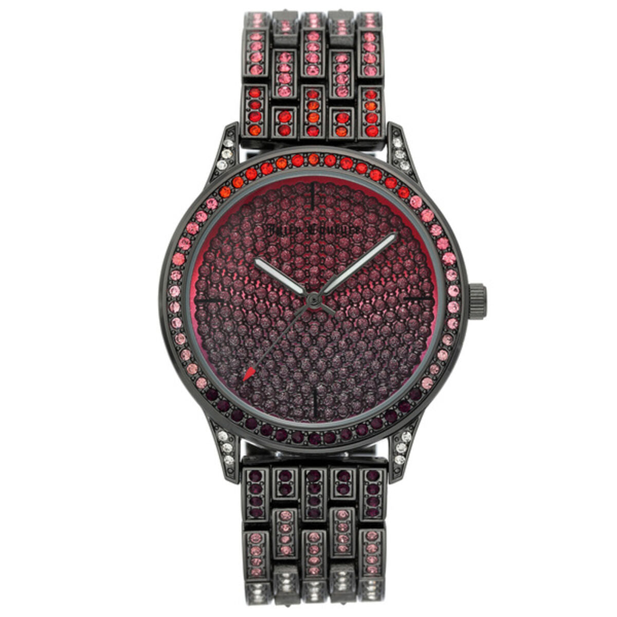Montre Juicy Couture femme: cadran bordeaux texturé, lunette strass roses.