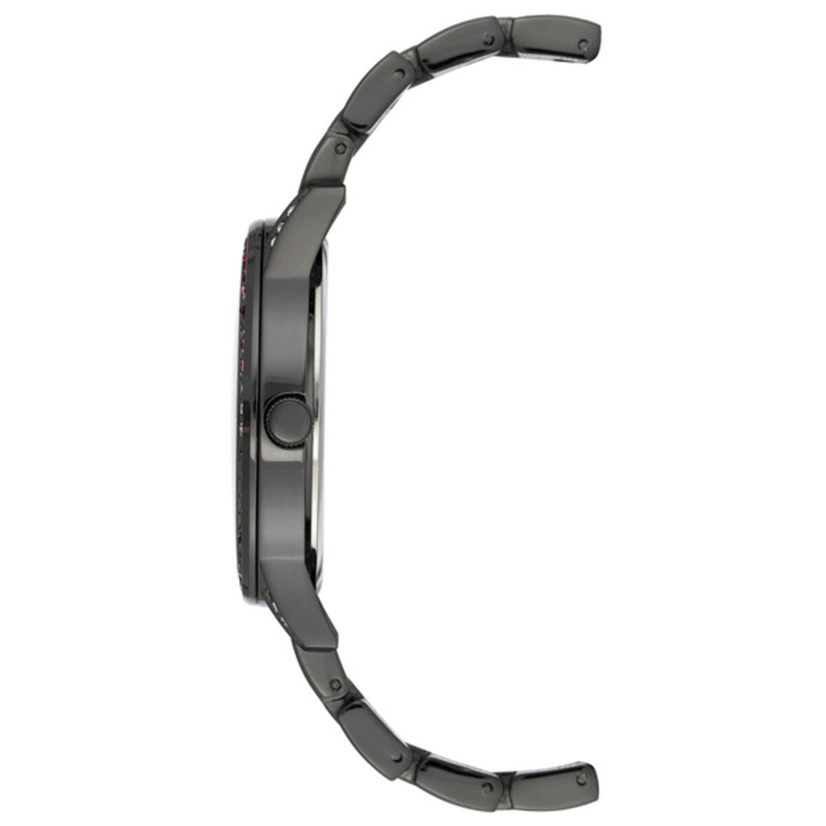 Montre Juicy Couture bracelet noir à maillons, boîtier sombre sur le côté.