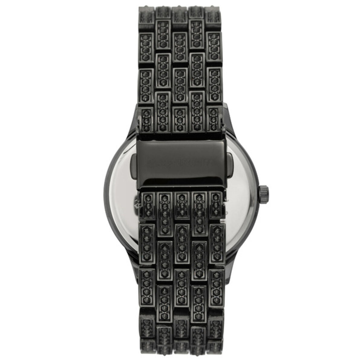 Montre Juicy Couture bracelet noir à motif, boîtier arrondi, cadran sombre sous verre clair.