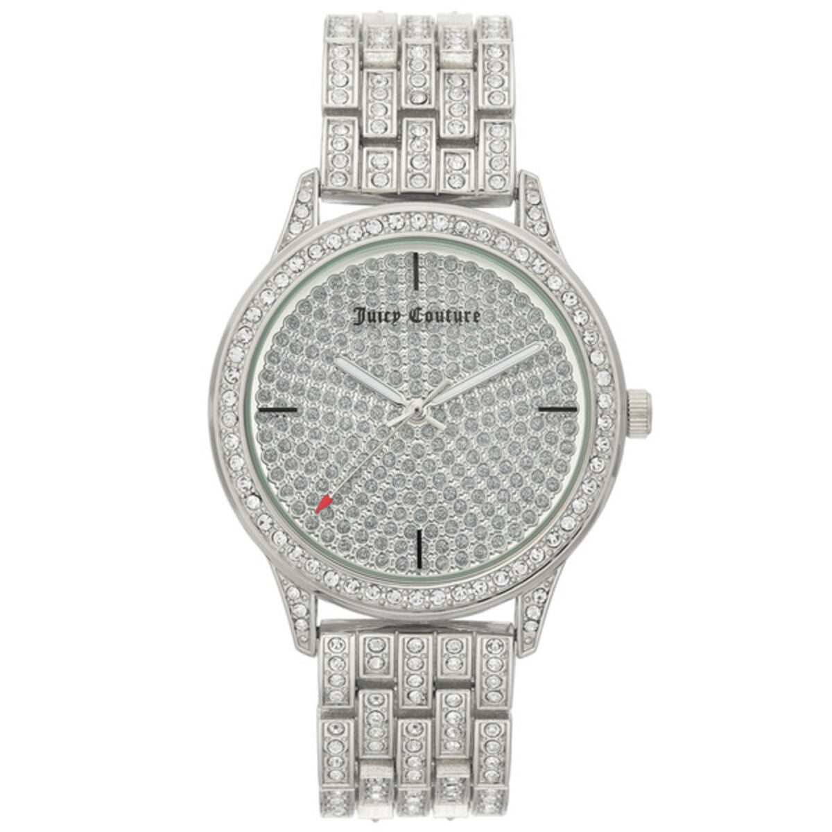Montre Juicy Couture argentée à cadran strass texturé, lunette sertie et bracelet assorti.