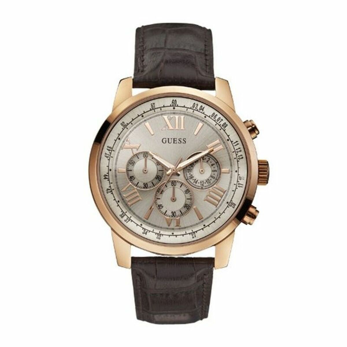 Montre-bracelet Guess, cadran clair, boîtier doré rosé, bracelet cuir marron