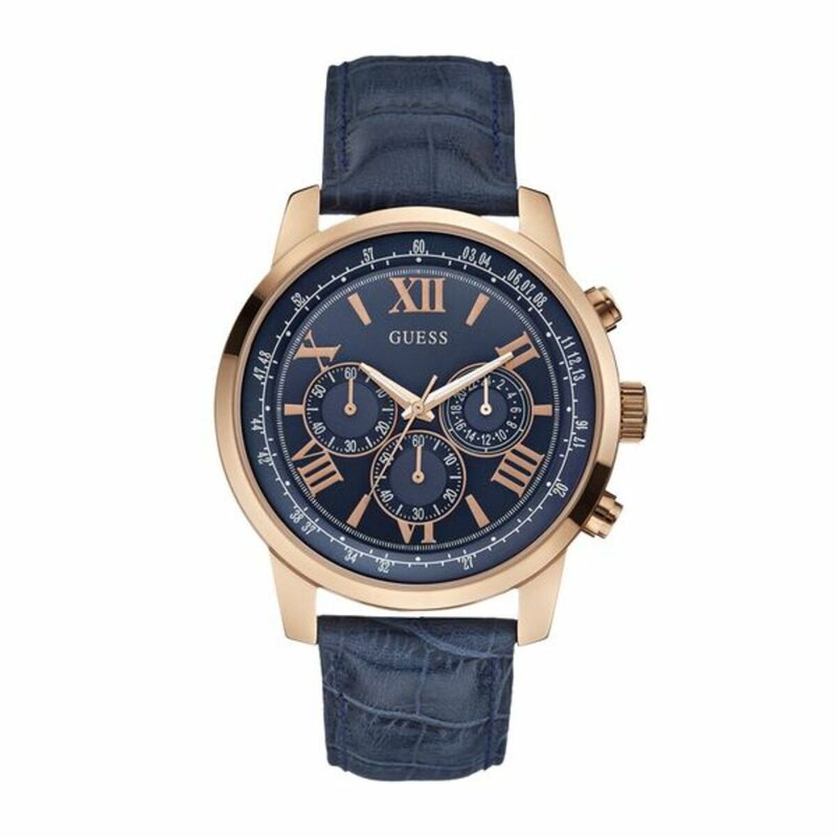 Montre-bracelet Guess, cadran bleu, boîtier doré rosé, bracelet cuir bleu