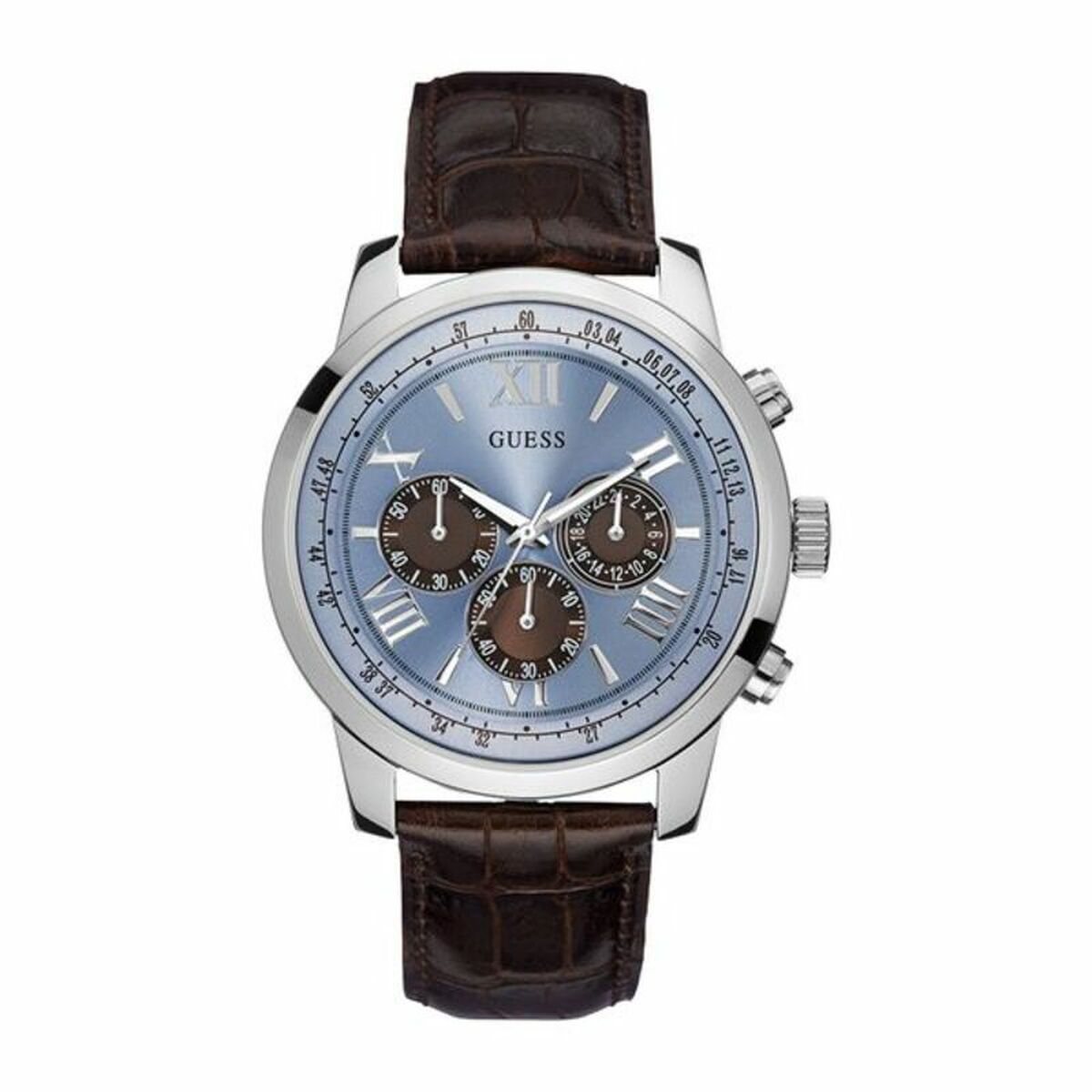 Montre-bracelet Guess, cadran bleu clair, boîtier argent, bracelet cuir marron