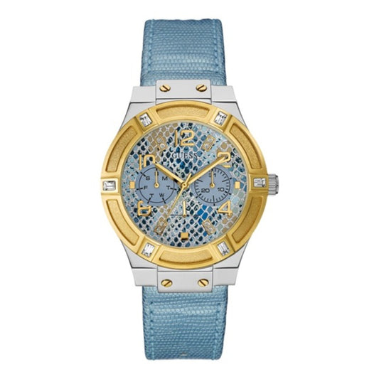Montre femme bracelet bleu, boîtier argenté, cadran bleu et détails dorés