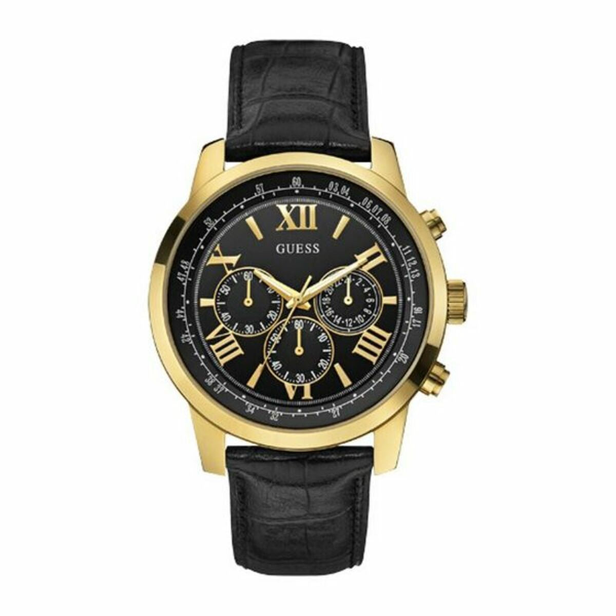 Montre-bracelet Guess, cadran noir, boîtier doré, bracelet cuir noir