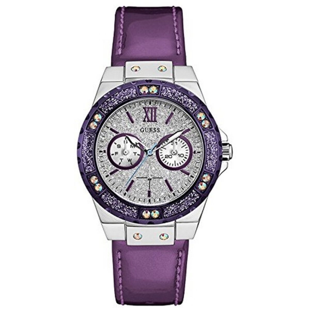 Montre-bracelet Guess à bracelet violet et boîtier argenté, cadran décoré.