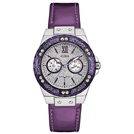 Montre-bracelet Guess à bracelet violet et boîtier argenté, cadran décoré.