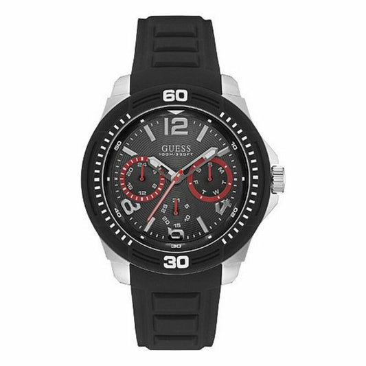 Montre Guess noire: cadran noir/rouge, chronographe, bracelet silicone, Ø46 mm