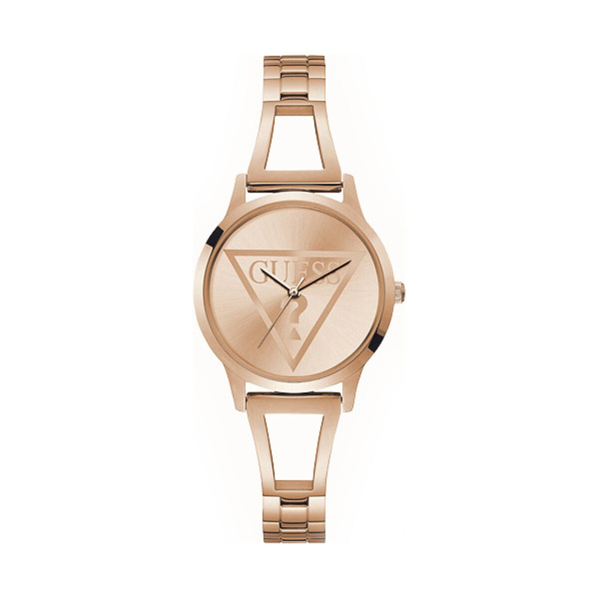 Montre-bracelet femme Guess, cadran rosé et boîtier rond, bracelet à mailles dorées.