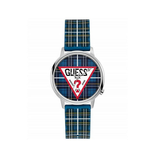 Montre unisexe Guess à cadran bleu quadrillé et bracelet en caoutchouc, boîtier argenté.