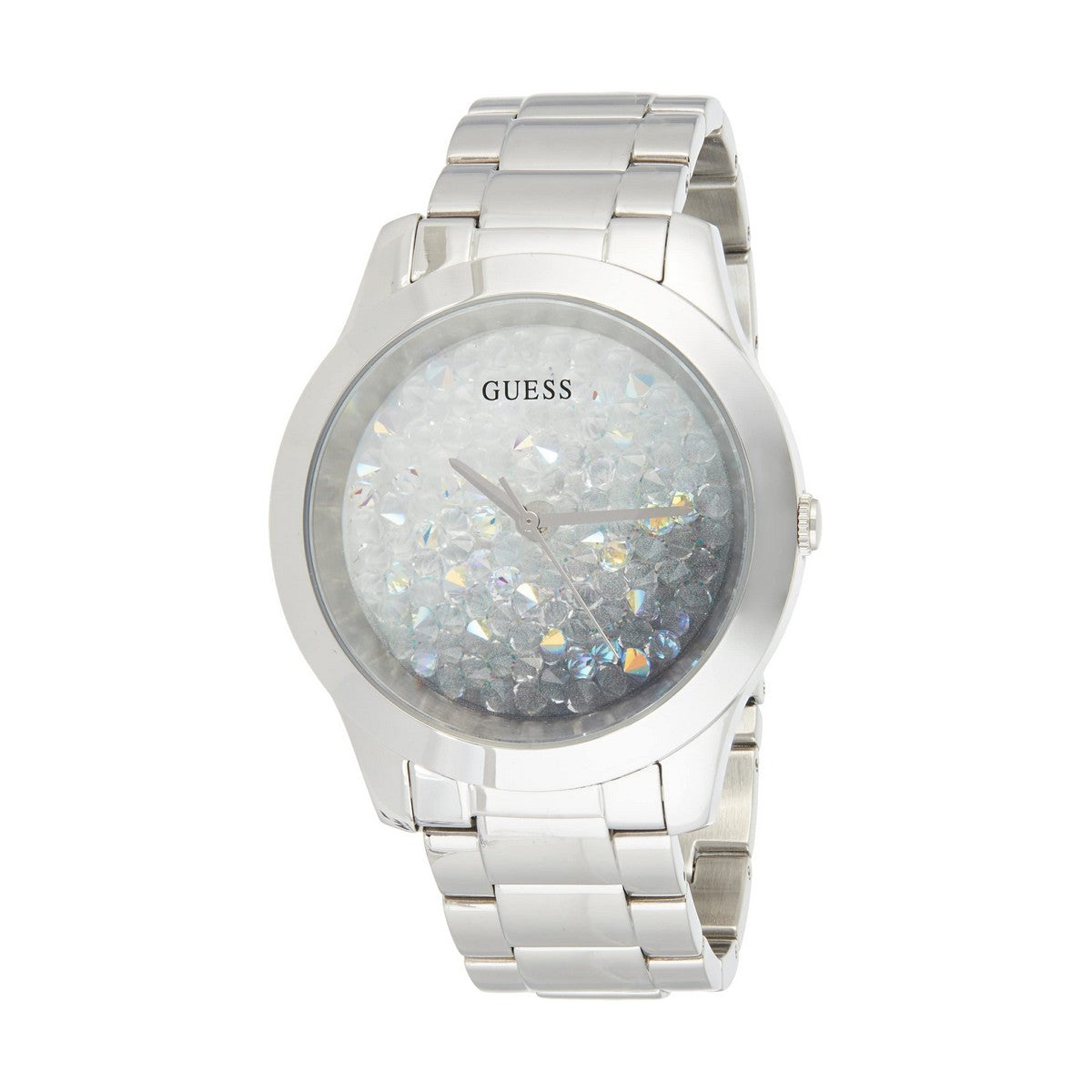 Montre femme Guess bracelet maillon acier, cadran rond strass incrustés
