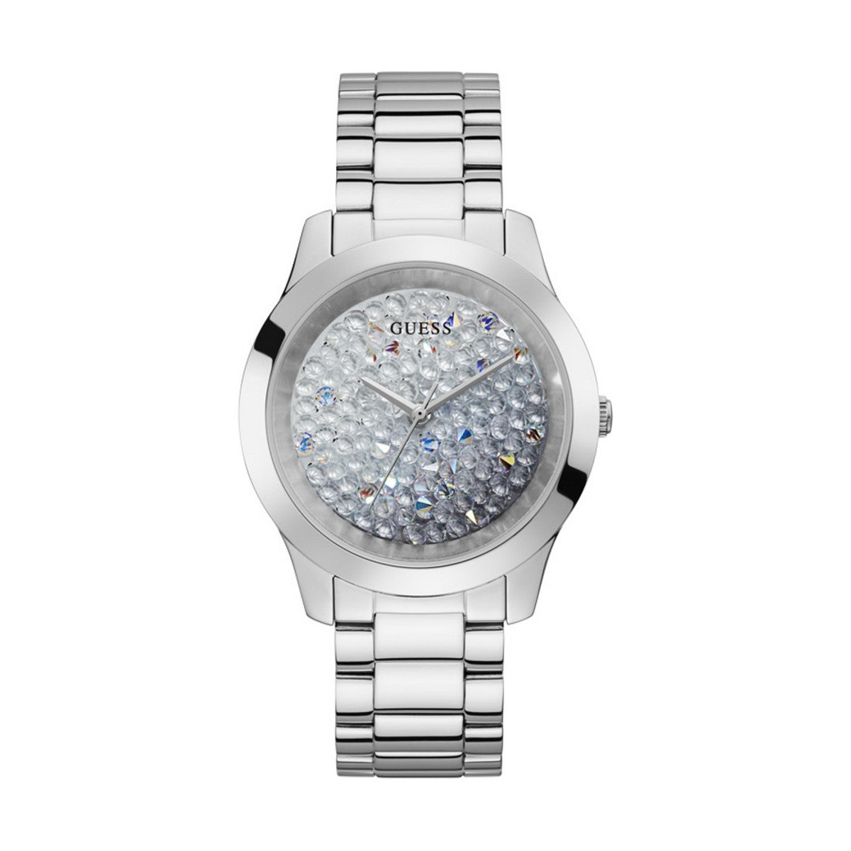 Montre femme Guess bracelet maillon acier, cadran strass avec aiguilles