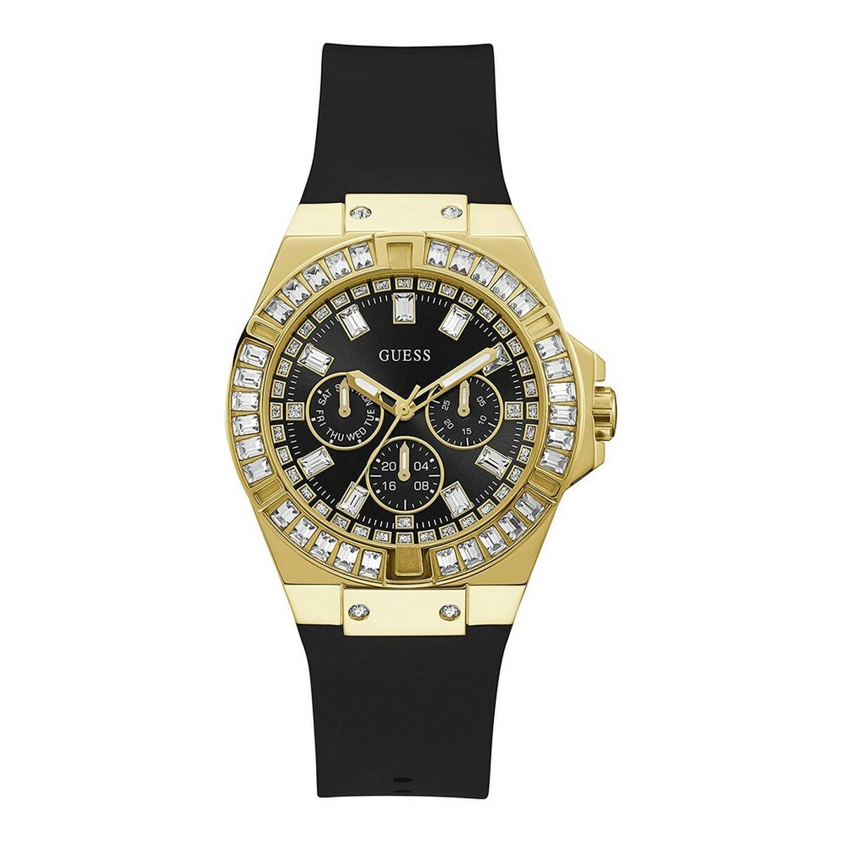 Montre femme cadran noir, boîtier doré et bracelet silicone noir, lunette strass