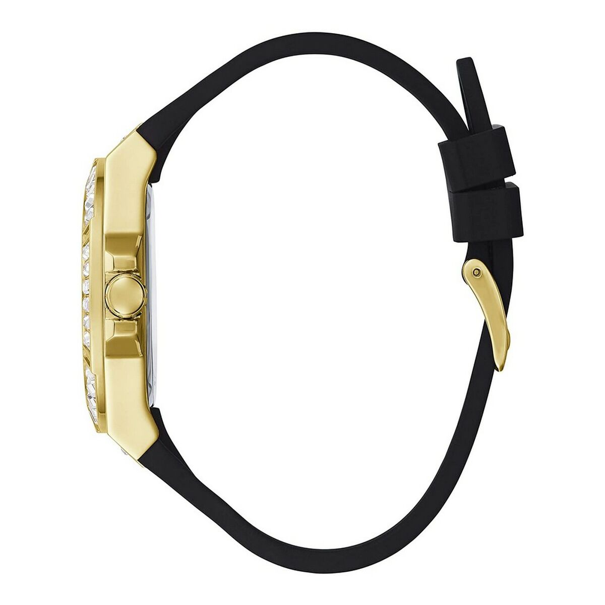 Montre femme vue de côté: bracelet silicone noir, boîtier doré et boucle réglable
