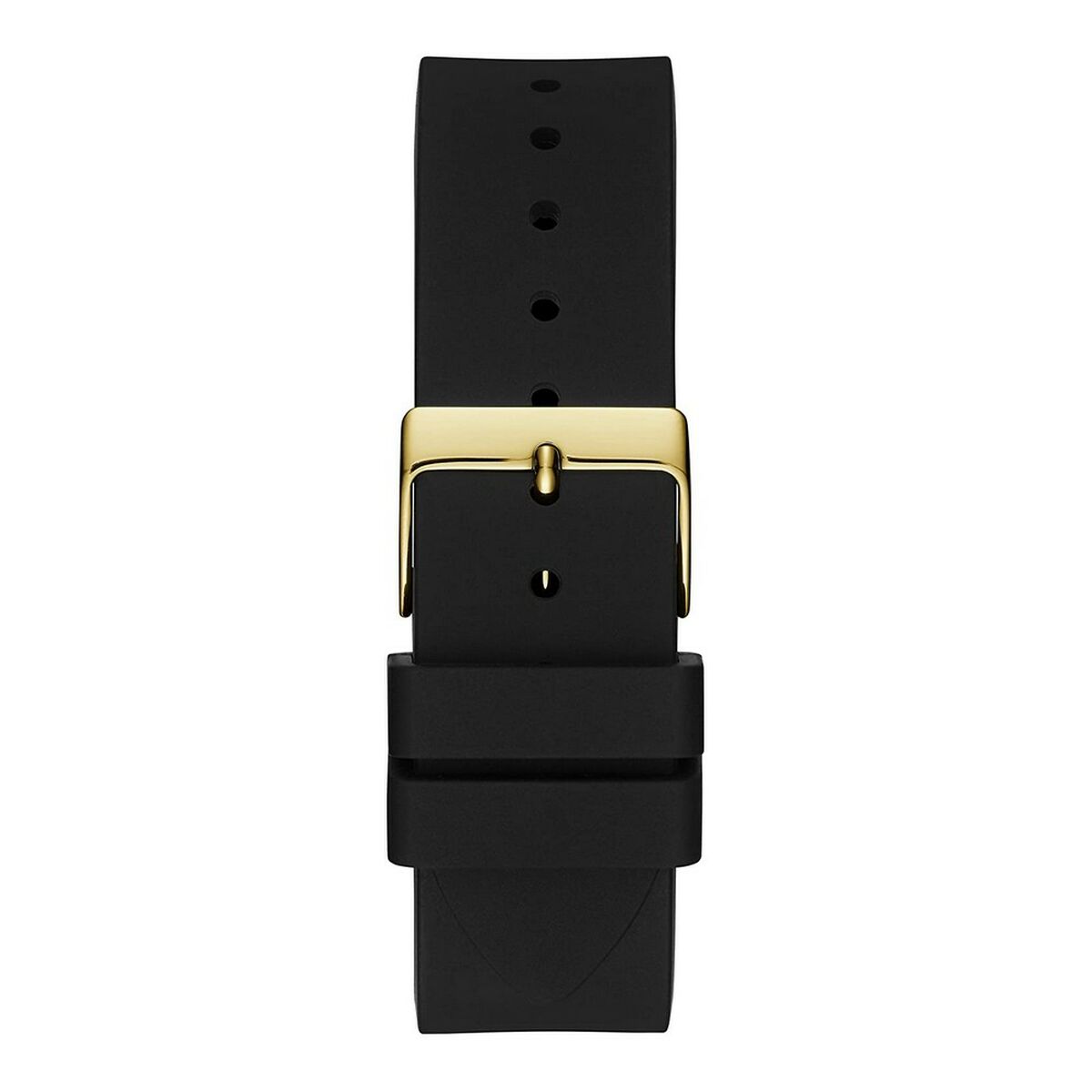 Montre femme, bracelet silicone noir et attache dorée au dos du boîtier