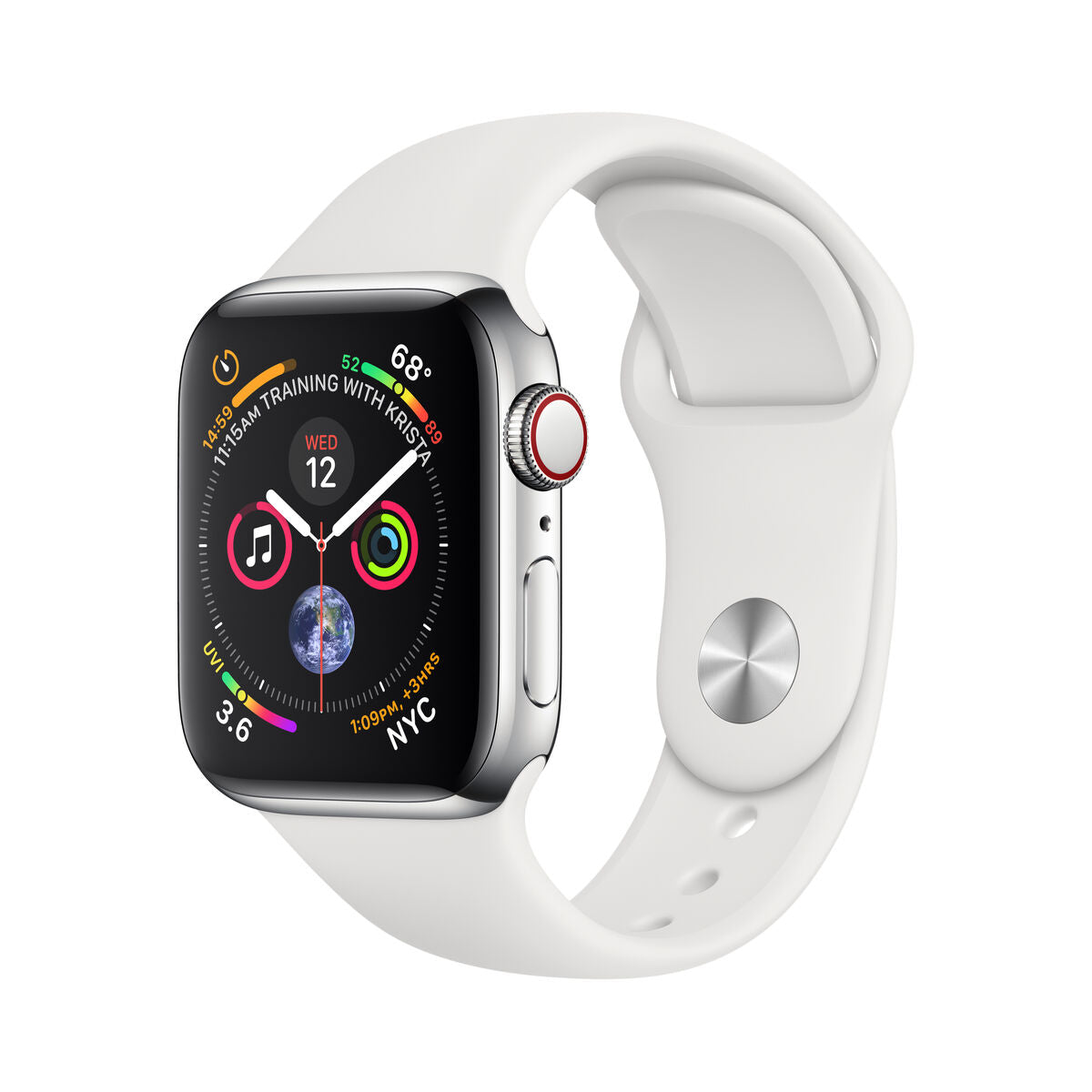 Montre connectée Apple Watch, bracelet blanc, boîtier acier, écran OLED allumé