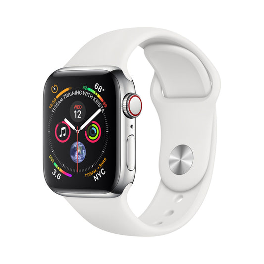 Montre connectée Apple Watch, bracelet blanc, boîtier acier, écran OLED allumé