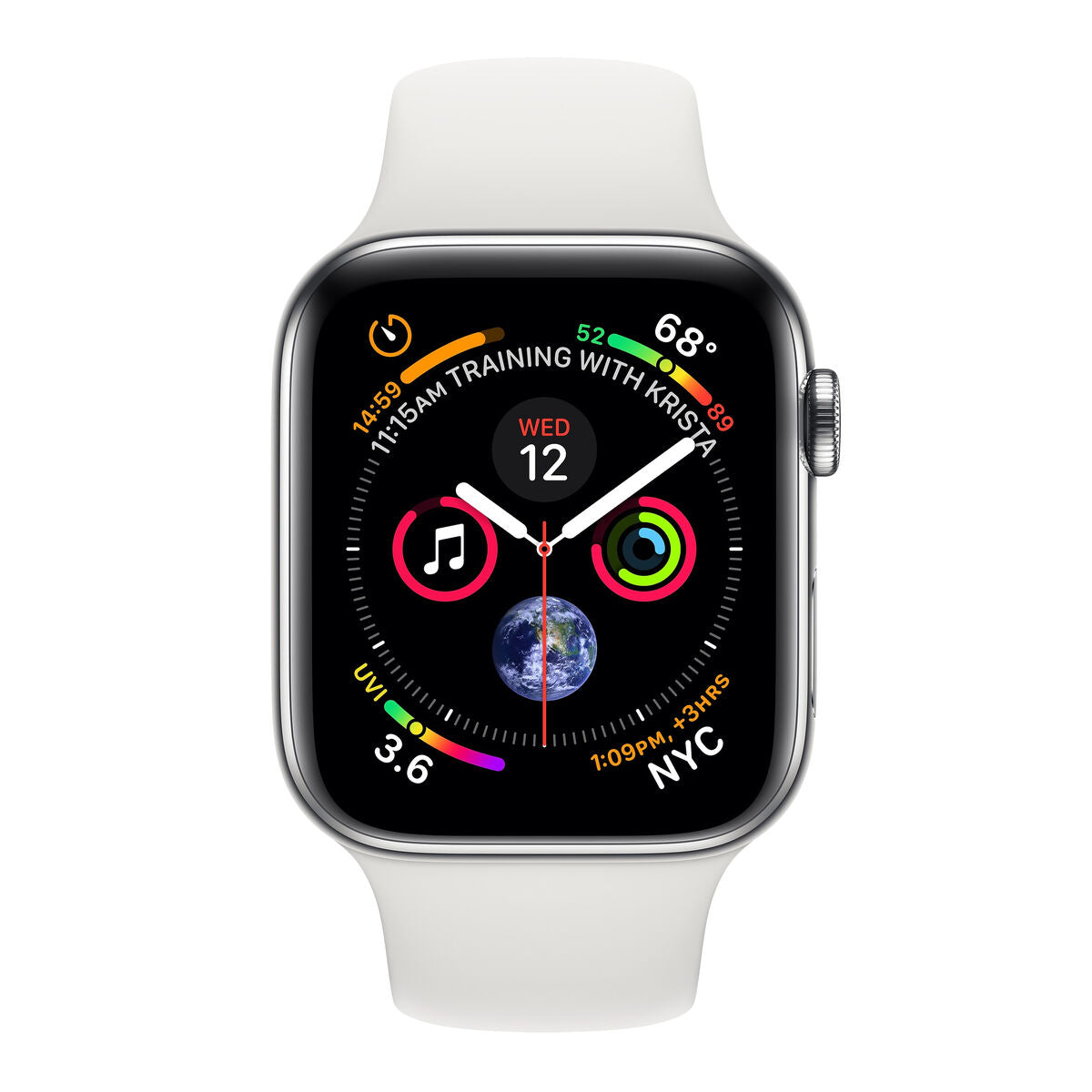 Montre connectée Apple Watch Series 4, bracelet blanc, écran OLED noir