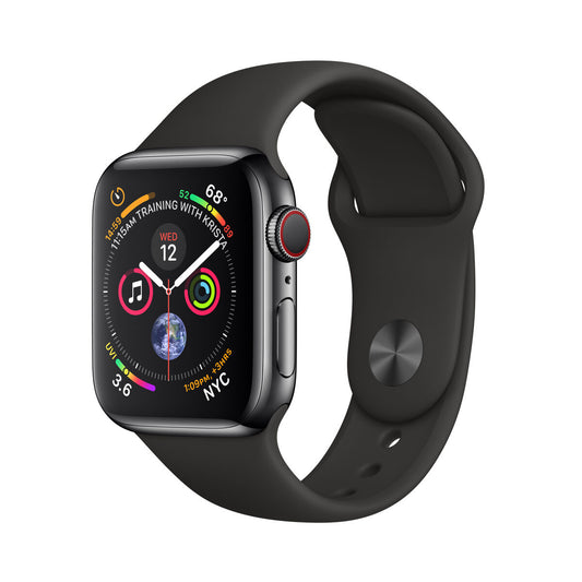 Apple Watch Series 4, smartwatch noire: écran et couronne latérale en acier