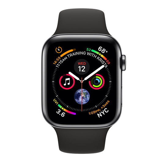 Apple Watch Series 4, smartwatch noire: cadran avec graphiques et bouton latéral