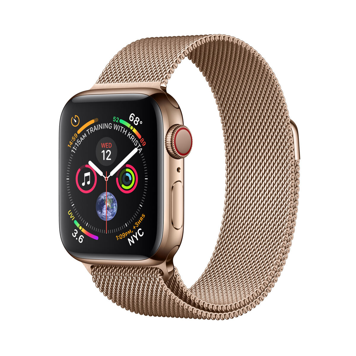 Montre connectée acier doré, bracelet maille tressée, écran OLED noir