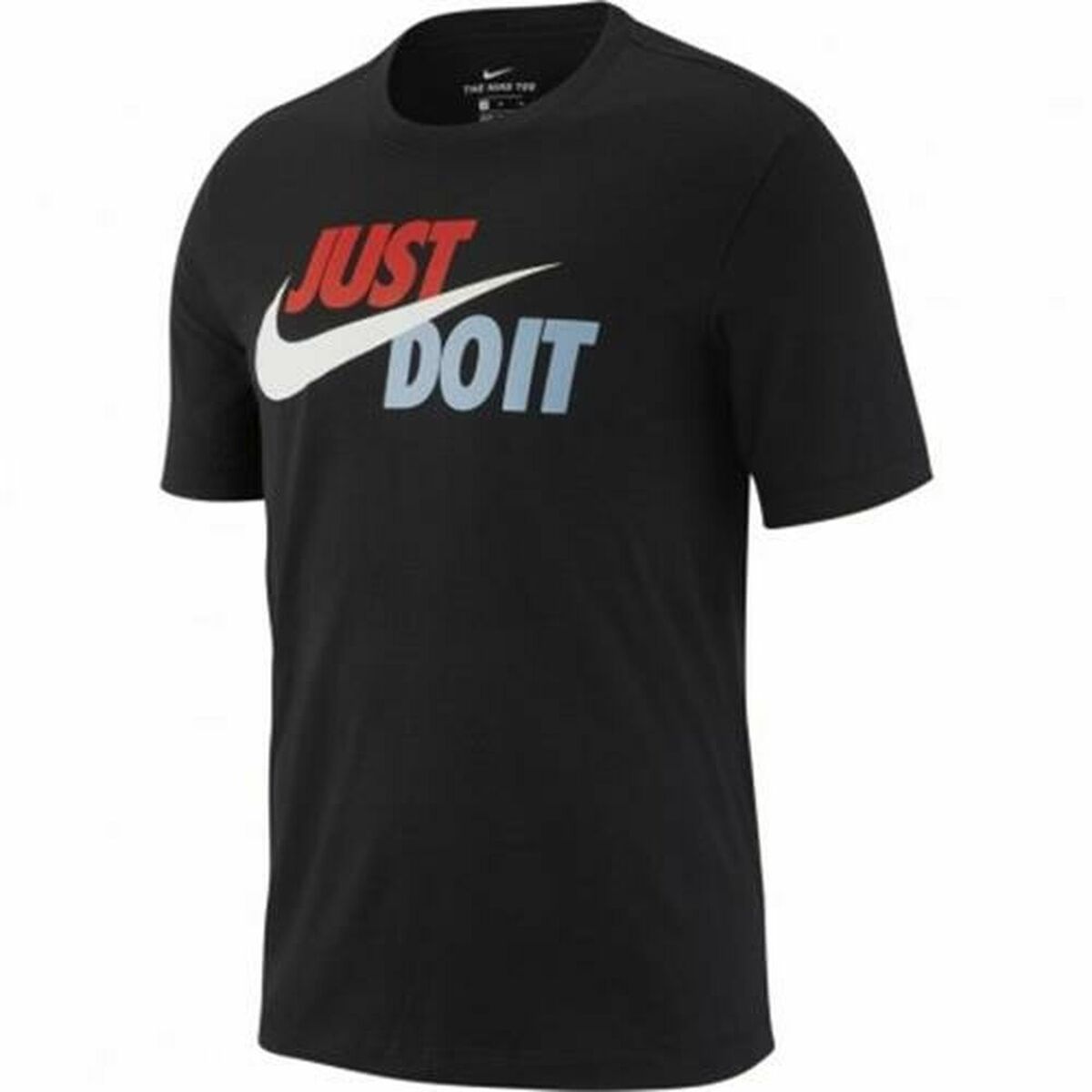 T-shirt noir à manches courtes, impression « JUST DO IT » sur le devant.