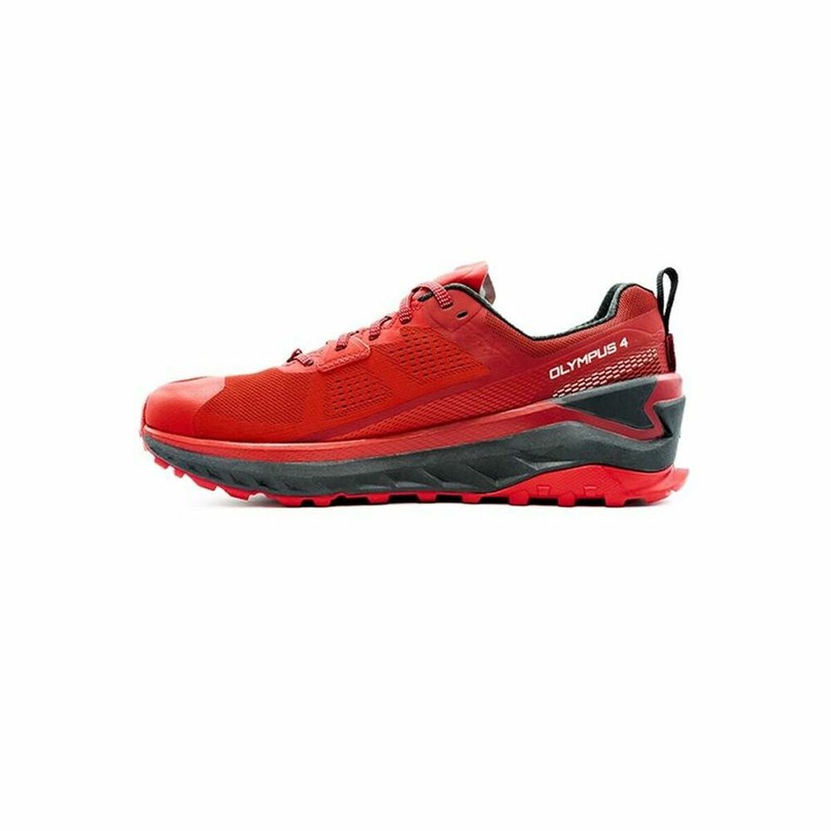 Chaussure de trail Altra rouge à lacets, semelle crantée noire, profil latéral