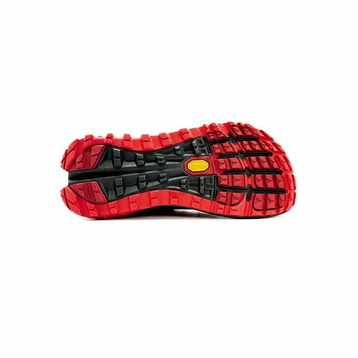 Semelle extérieure de chaussure de trail Altra rouge, crampons et rainures