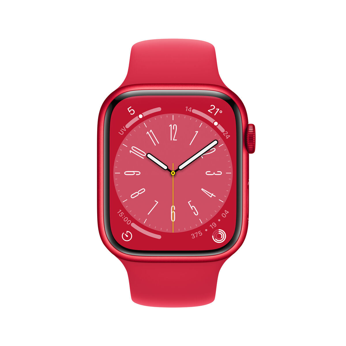 Montre connectée Apple Watch, bracelet rouge, cadran rouge avec chiffres et aiguilles.