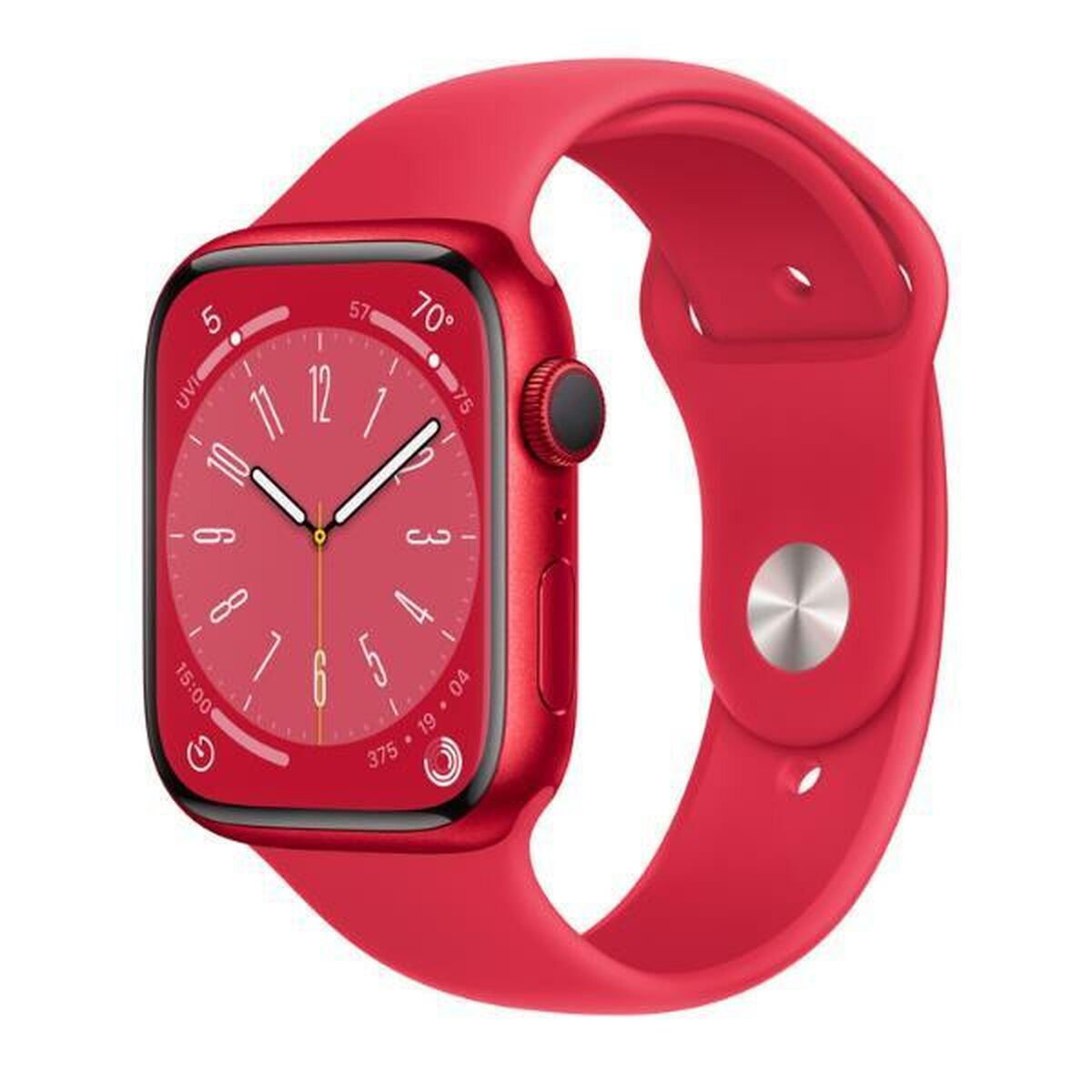 Montre connectée Apple Watch, bracelet rouge, cadran rouge et bouton latéral.